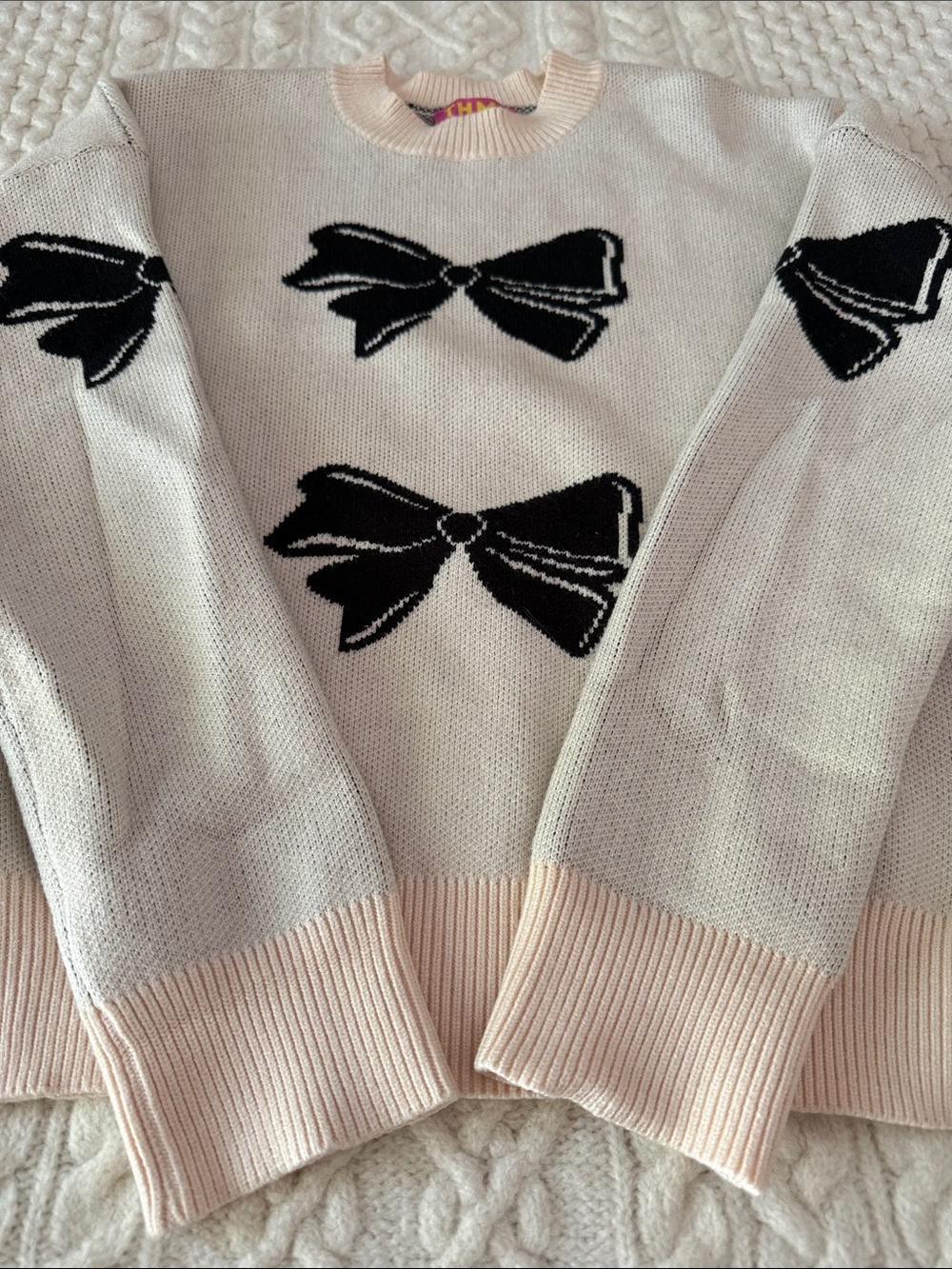 THML Cream Crewneck Sweater with Black Bow Details and Pink Trim - Picture 4 of 8
